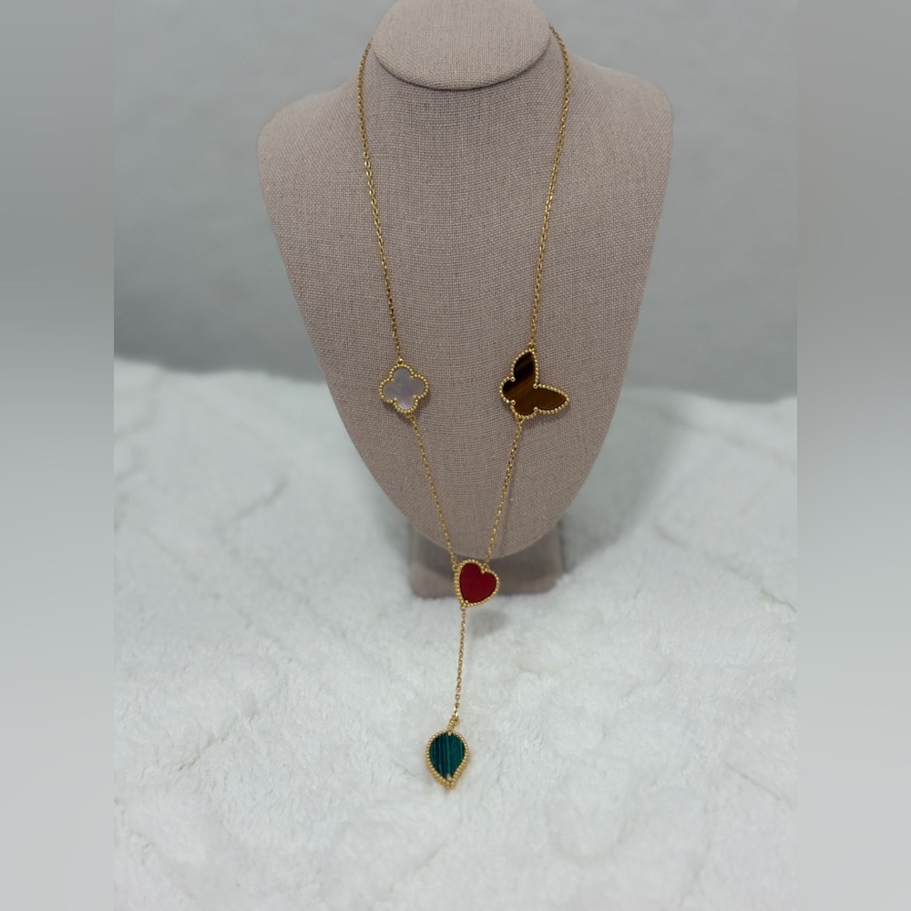 18K Gold Multi-Charm Necklace Clover, Heart, Butterfly & Leaf   (item #181) - Picture 7 of 7
